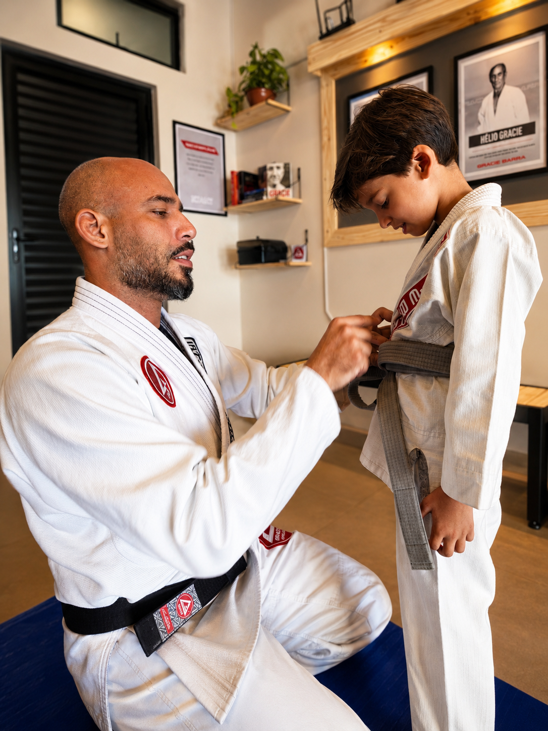 Crianças de kimono em aula de jiu-jitsu infantil